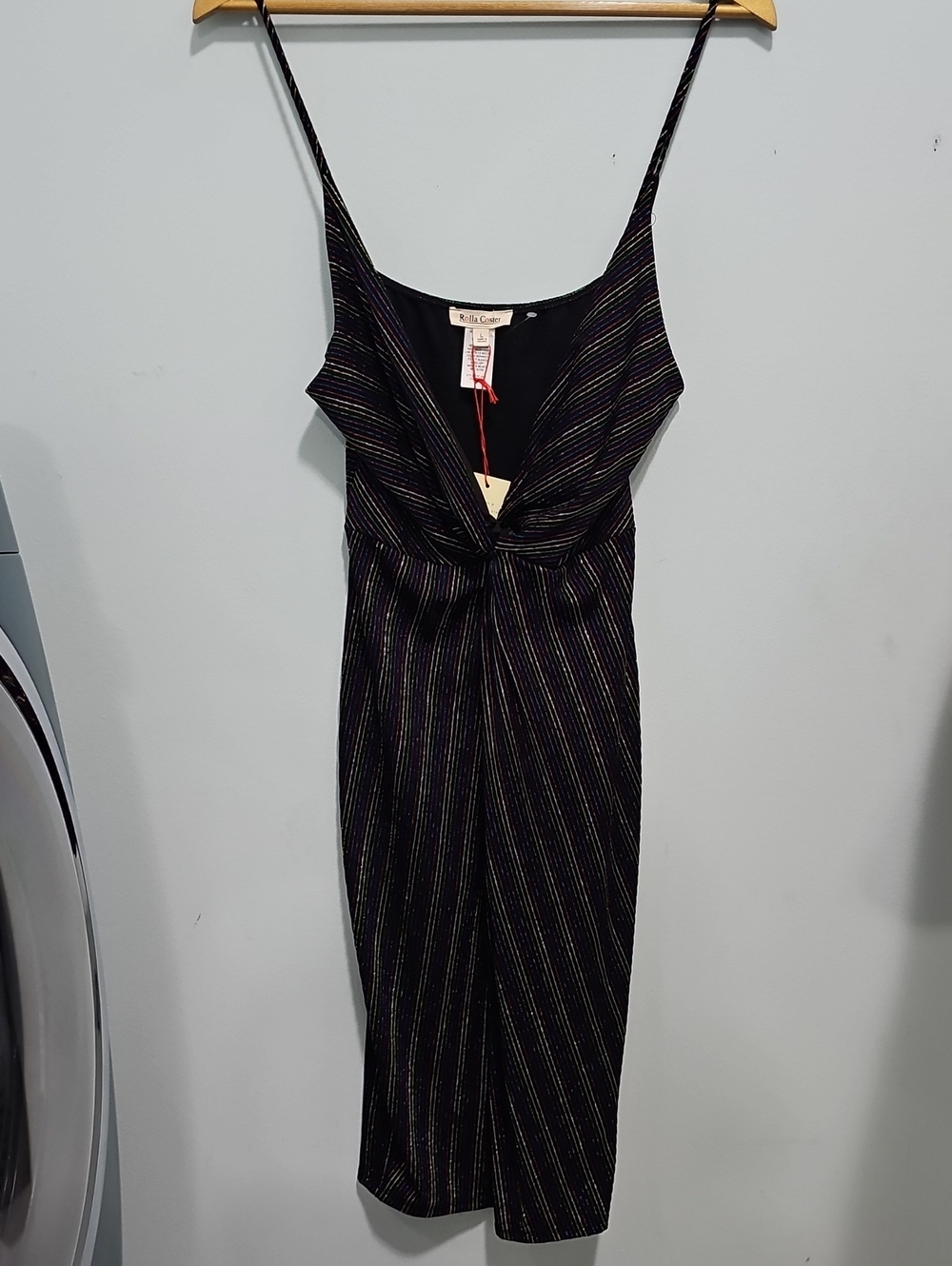 Women's Rolla Coster Black Midi Slip Dress w/ Metallic Pinstripes Size Large NWT